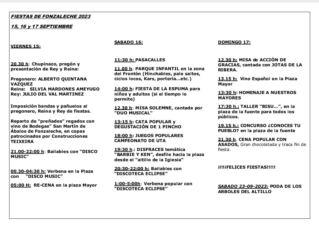 Programa Fiestas de Fonzaleche Septiembre 2023